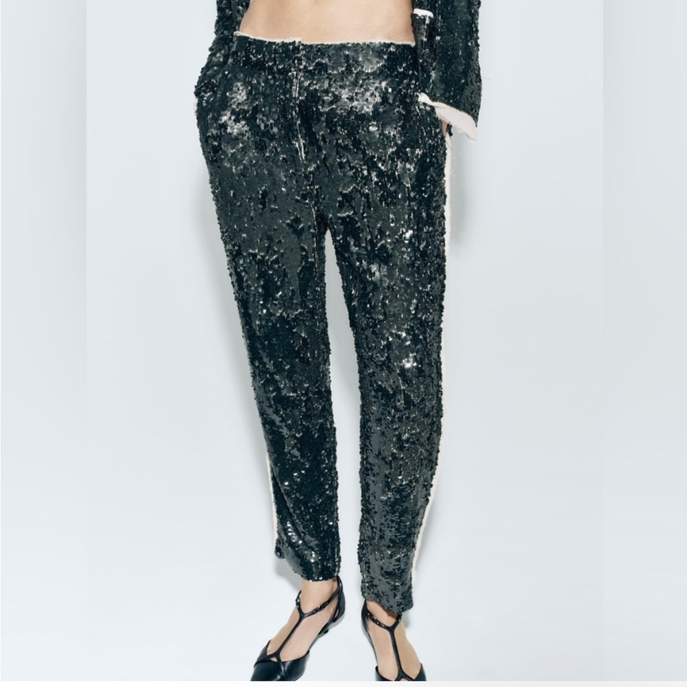 Zara Sequined green pants with chiffon details sz.M